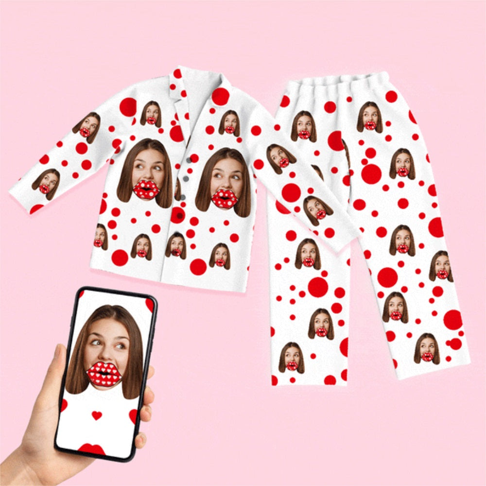 Unisex long-sleeve modal pyjamas set with personalised face photo and red lips heart all-over print — button-through top with lapel collar and matching elasticated-waist trousers, ideal personalised photo gift and matching couple pyjamas.