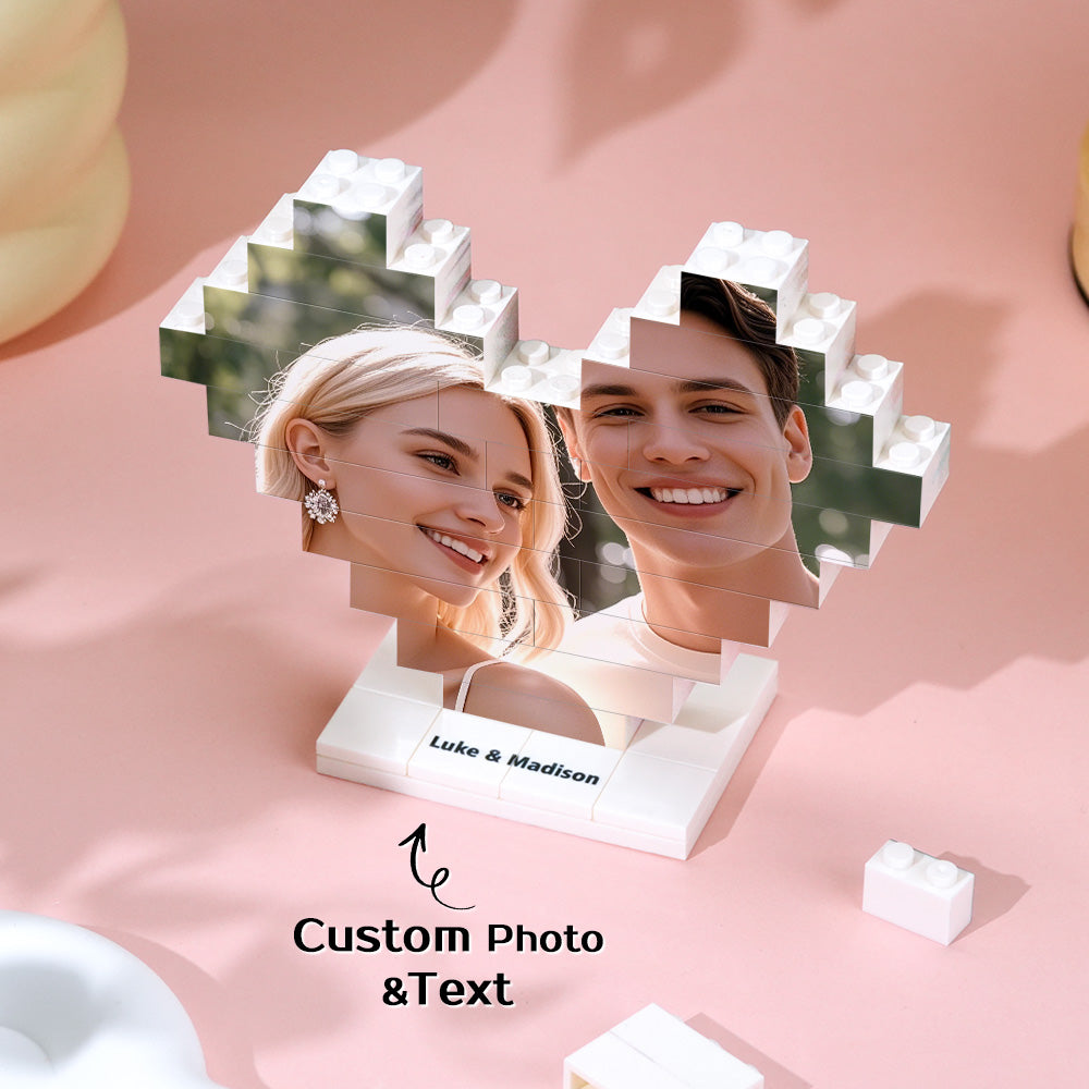 Personalised Heart Photo Building Block on stand displaying a romantic couple photo across a heart silhouette — custom brick puzzle personalised photo gift for Valentine's, anniversaries and weddings