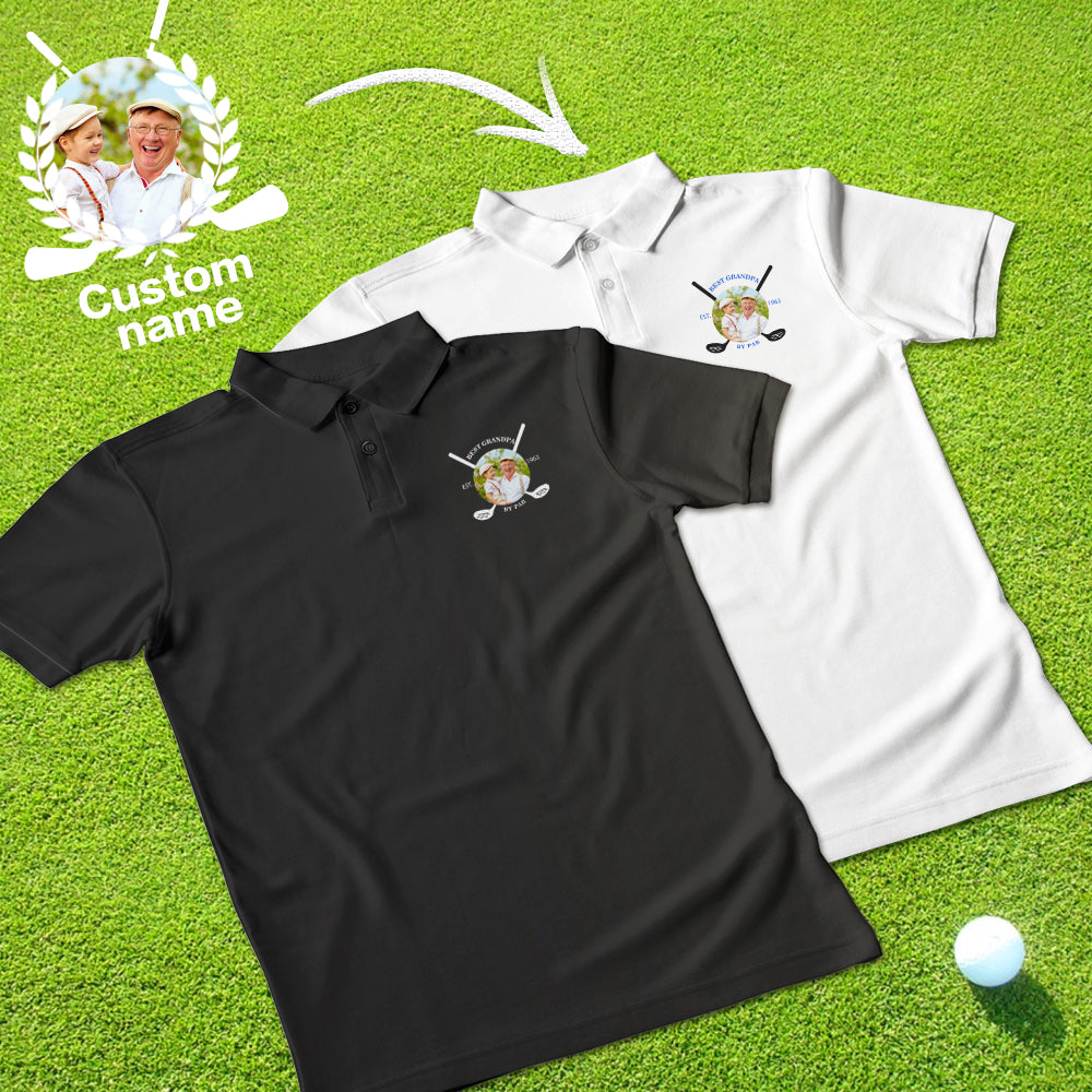 Front view of men's personalised golf polo in white with custom printed photo and name on the chest — personalised photo polo, custom golf shirt