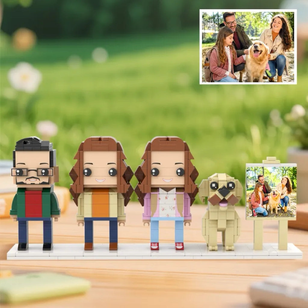 Personalised full-body brick figures of three people plus a cute dog in a framed display — bespoke LEGO-style family portrait ideal as an anniversary or birthday gift