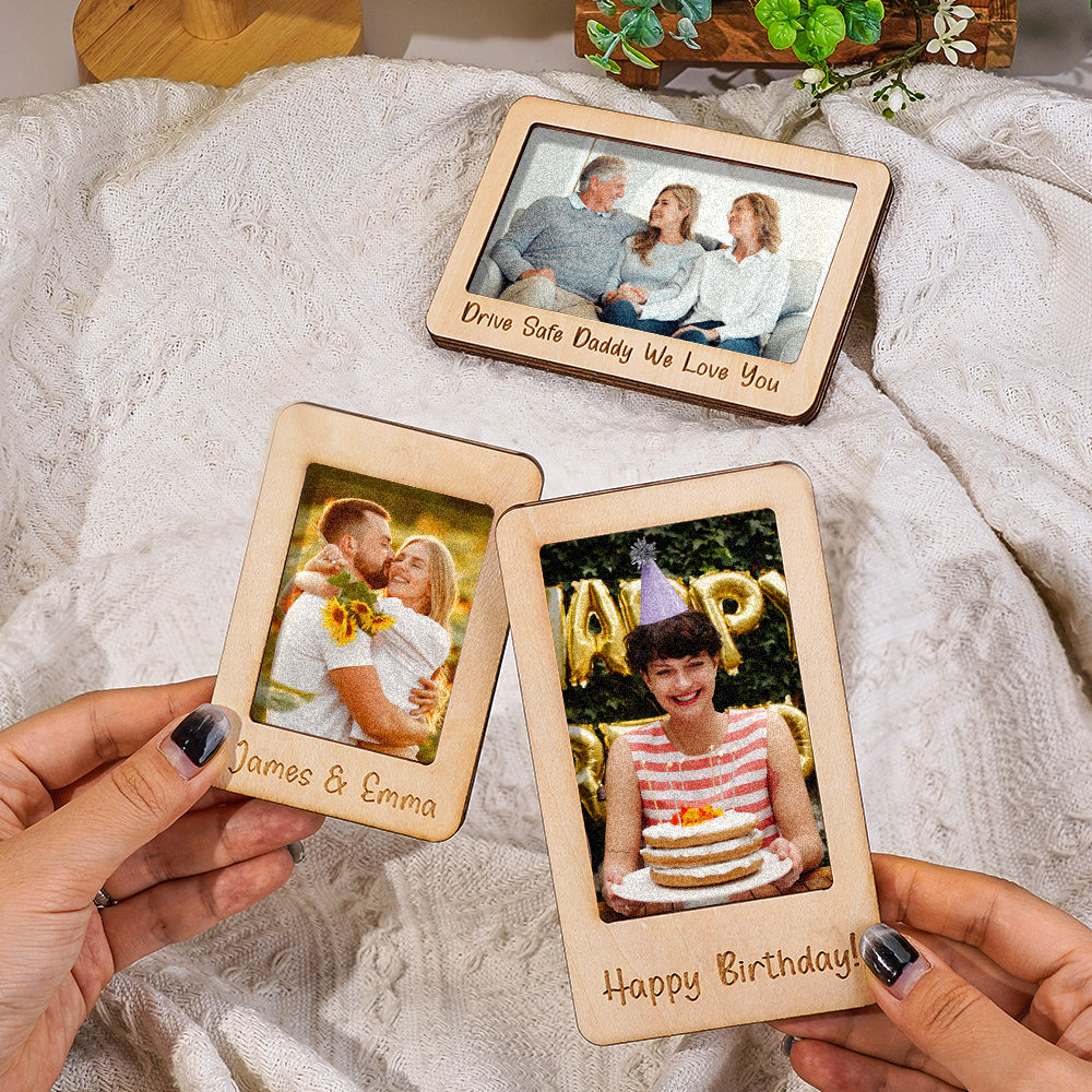 Natural wood frame with magnetic backing and clear photo area.