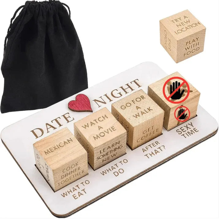 Close-up of four wooden naughty couple dice showing date-night prompts and flirtatious actions – couples dice game to spark laughter and intimacy