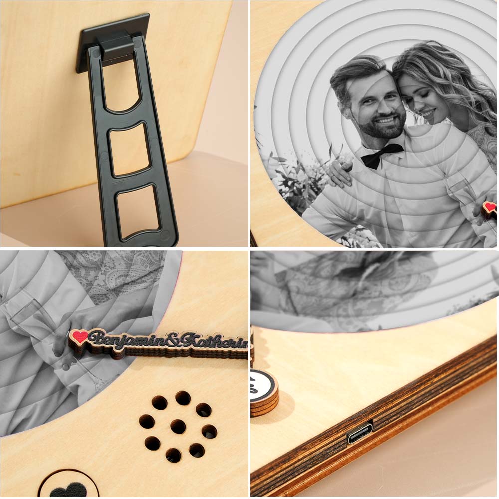 Alternative angle of custom photo record player with engraved text — personalised anniversary keepsake for couples