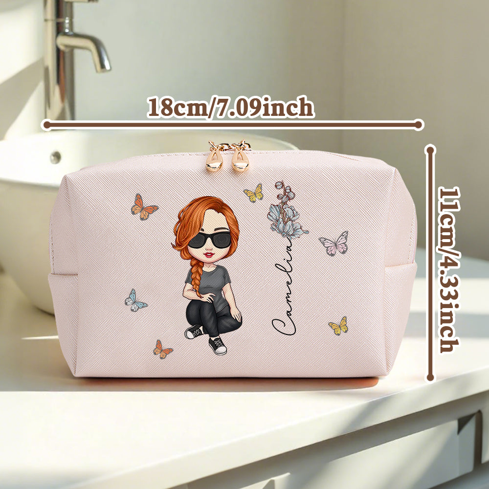 Lifestyle image of a woman using a personalised birth flower make-up bag at her dressing table — ideal bridesmaid or birthday gift for her