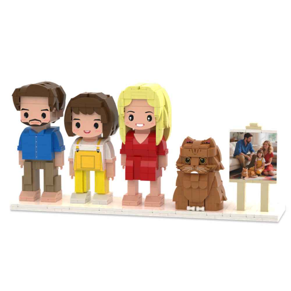 Custom Full-Body Cute Brick Figures of 3 People and 1 Cat with Frame Personalized Anniversary Gift Birthday Gift