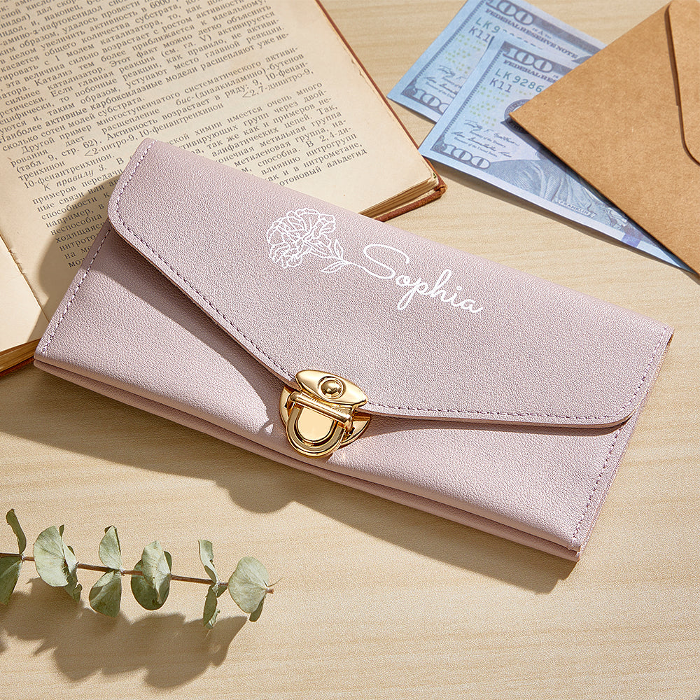 Wallet held alone to show compact size and elegant floral customisation – perfect personalised gift for her