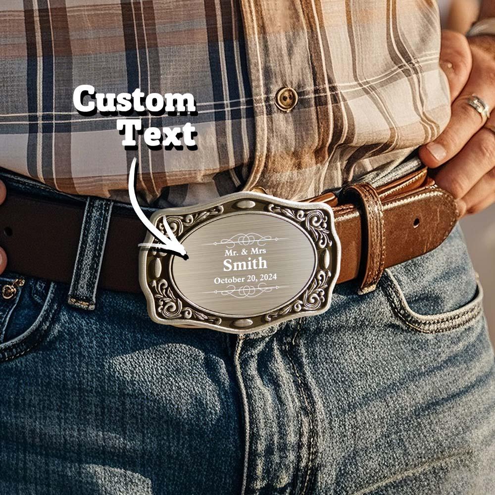 Reverse view of personalised belt buckle showing zinc alloy clasp and belt attachment, rust‑resistant finish, fits standard belts