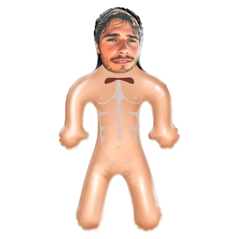 Inflatable man doll posed for photos at a party, featuring custom face printing on PVC.