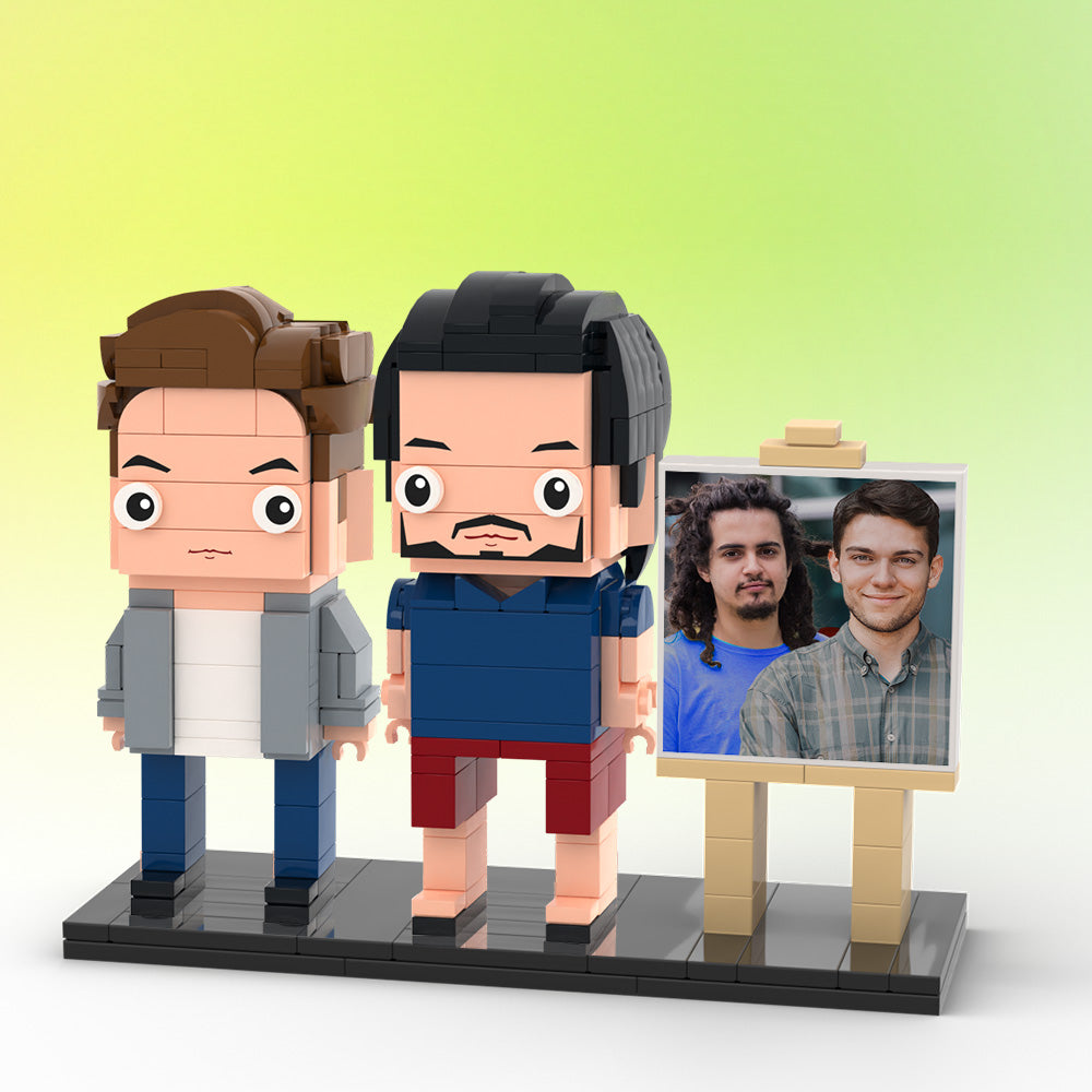 Personalised 2‑person brick figure photo frame — full‑body custom miniatures made from ABS eco‑friendly bricks, bespoke couple keepsake display