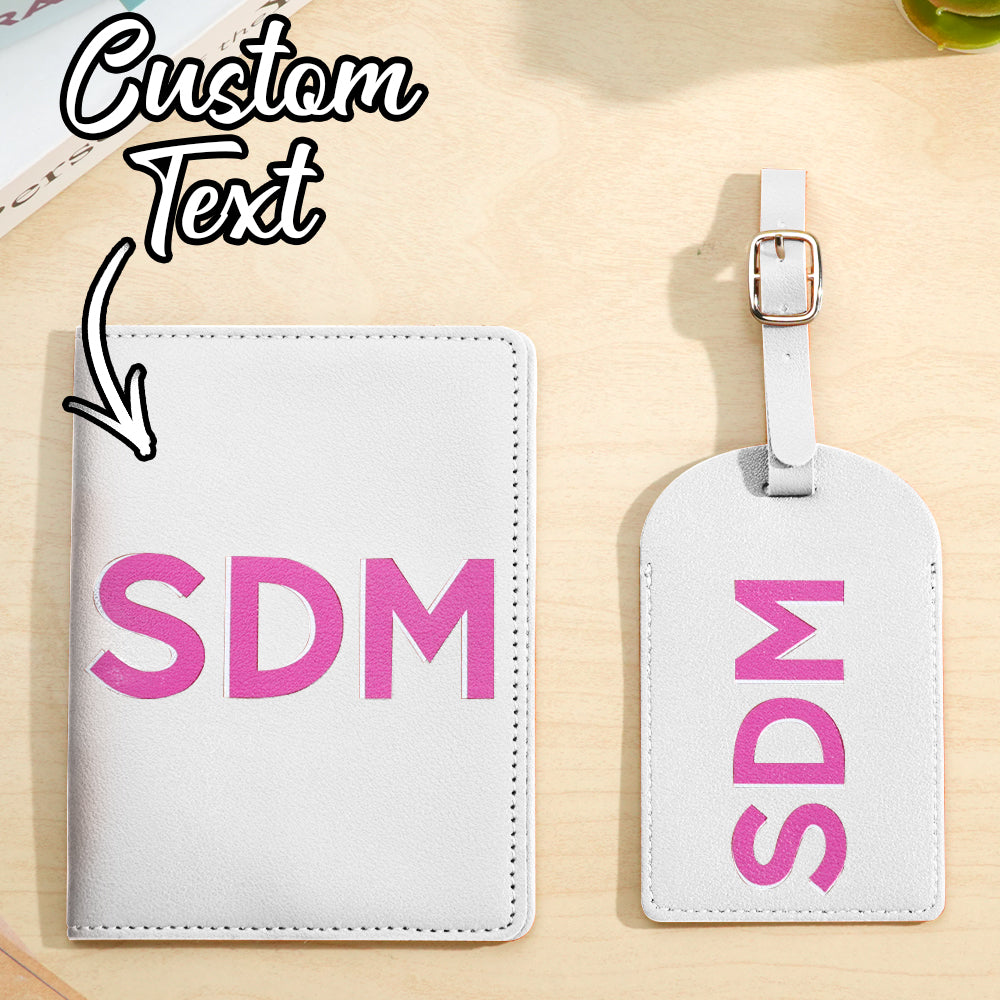 Set of personalised travel accessories displayed as a gift set — shadow monogram passport holder and luggage tag for bridesmaid gifts