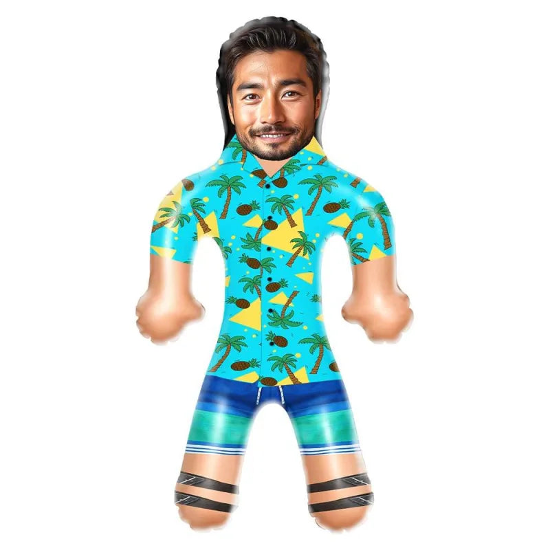 Lifestyle shot of the party with the personalised Hawaiian shirt doll as a fun conversation starter