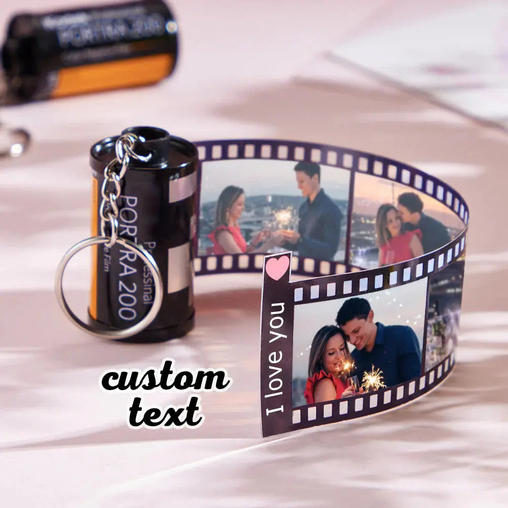 Personalised film roll keychain attached to keys and a bag — portable custom photo gift for her