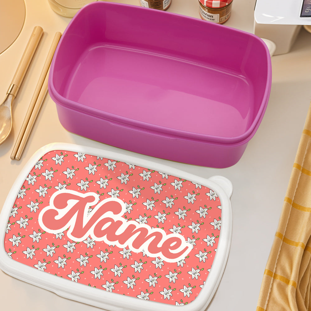 Open personalised floral lunch box showing interior – easy-to-clean plastic compartments for kids' packed lunches, ideal school gift