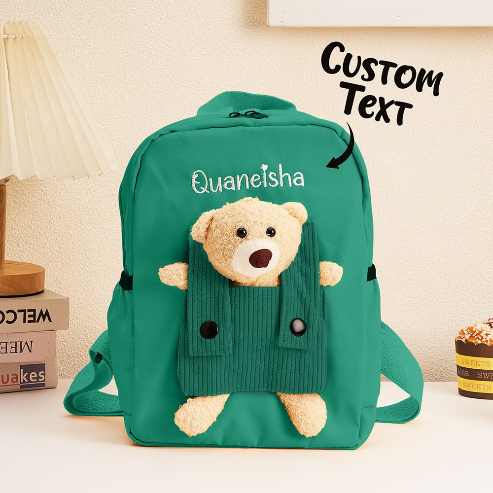Close-up of embroidered name and charming bear motif on a personalised kids' backpack, showing neat stitching and detail