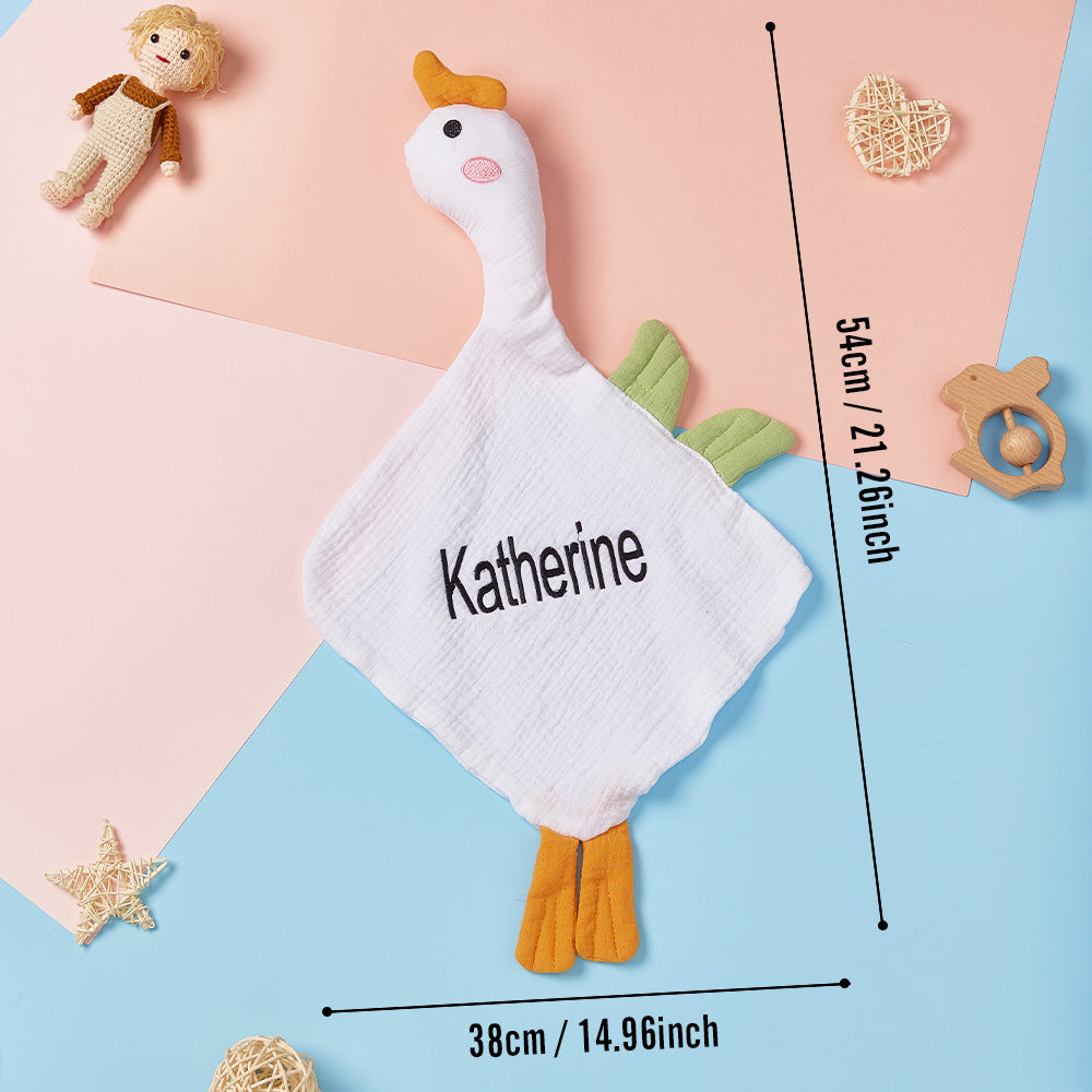 Multiple angles of the personalised baby soothing towel showing swan design, corners and reverse — soft cotton personalised newborn comforter
