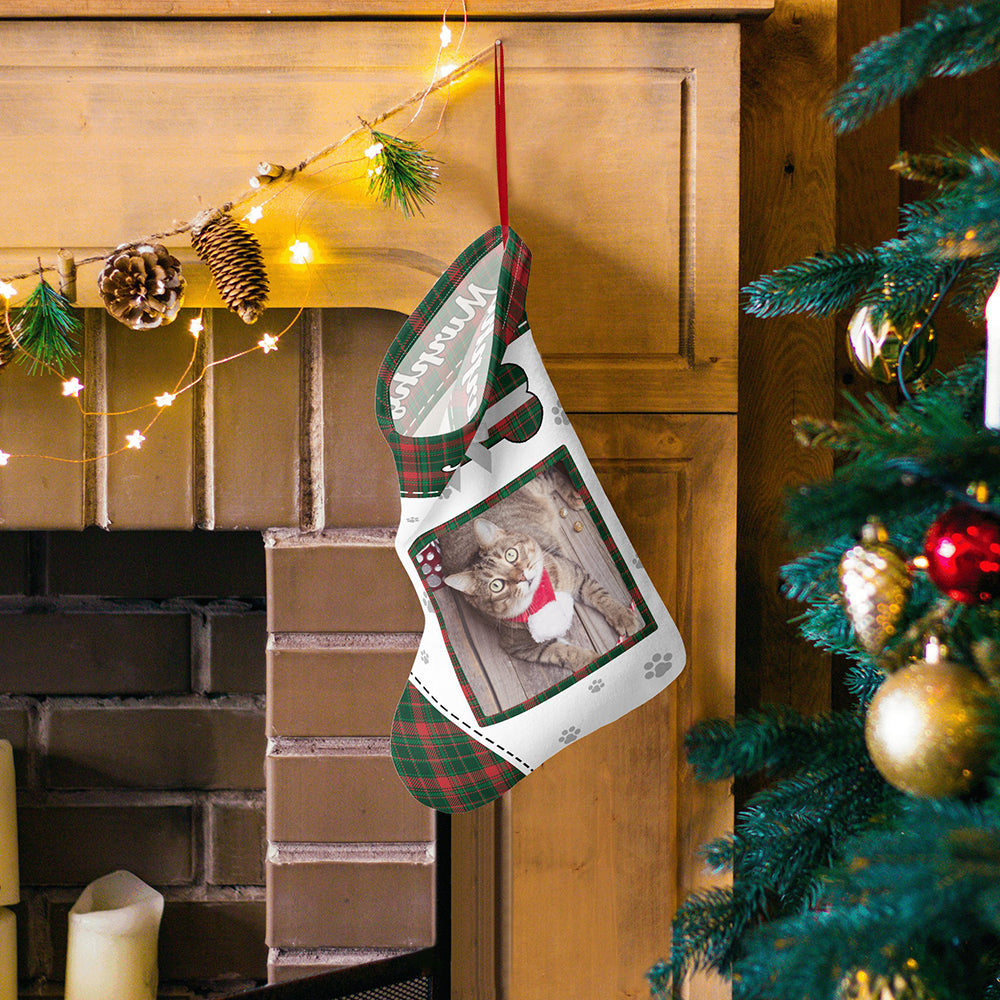 Velvet personalised pet photo Christmas stocking with custom name and text, close-up showing a printed dog portrait and festive design