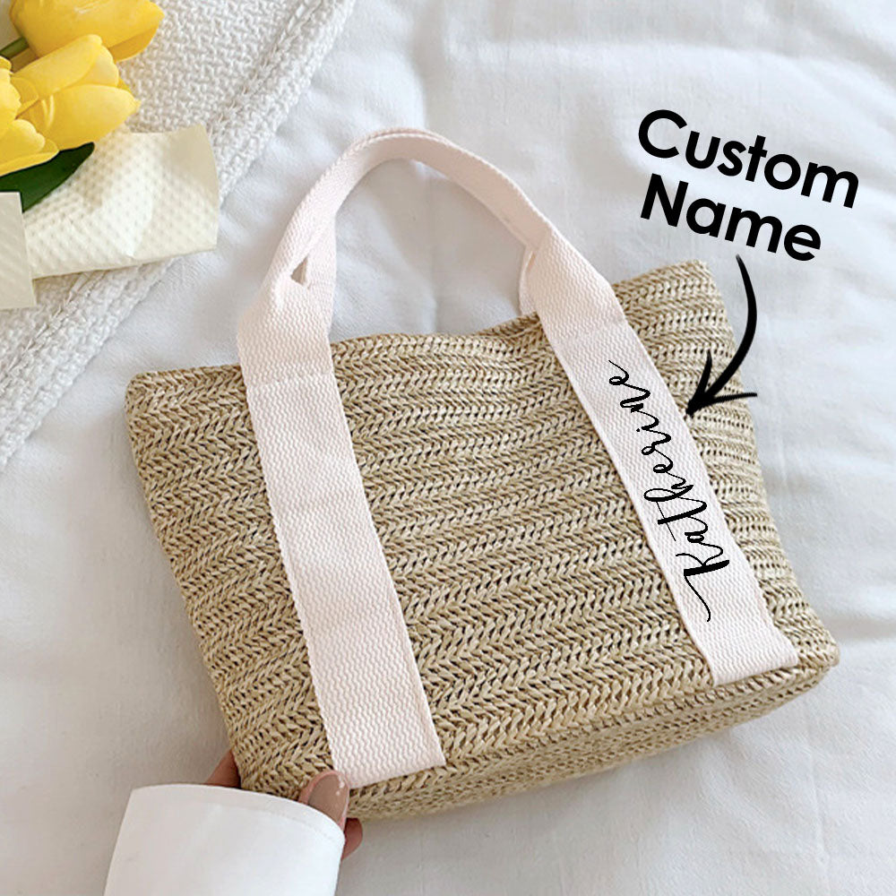 Close-up of woven fibre straw texture on personalised beach tote showing hand-finished weave — ideal custom bridesmaid gift