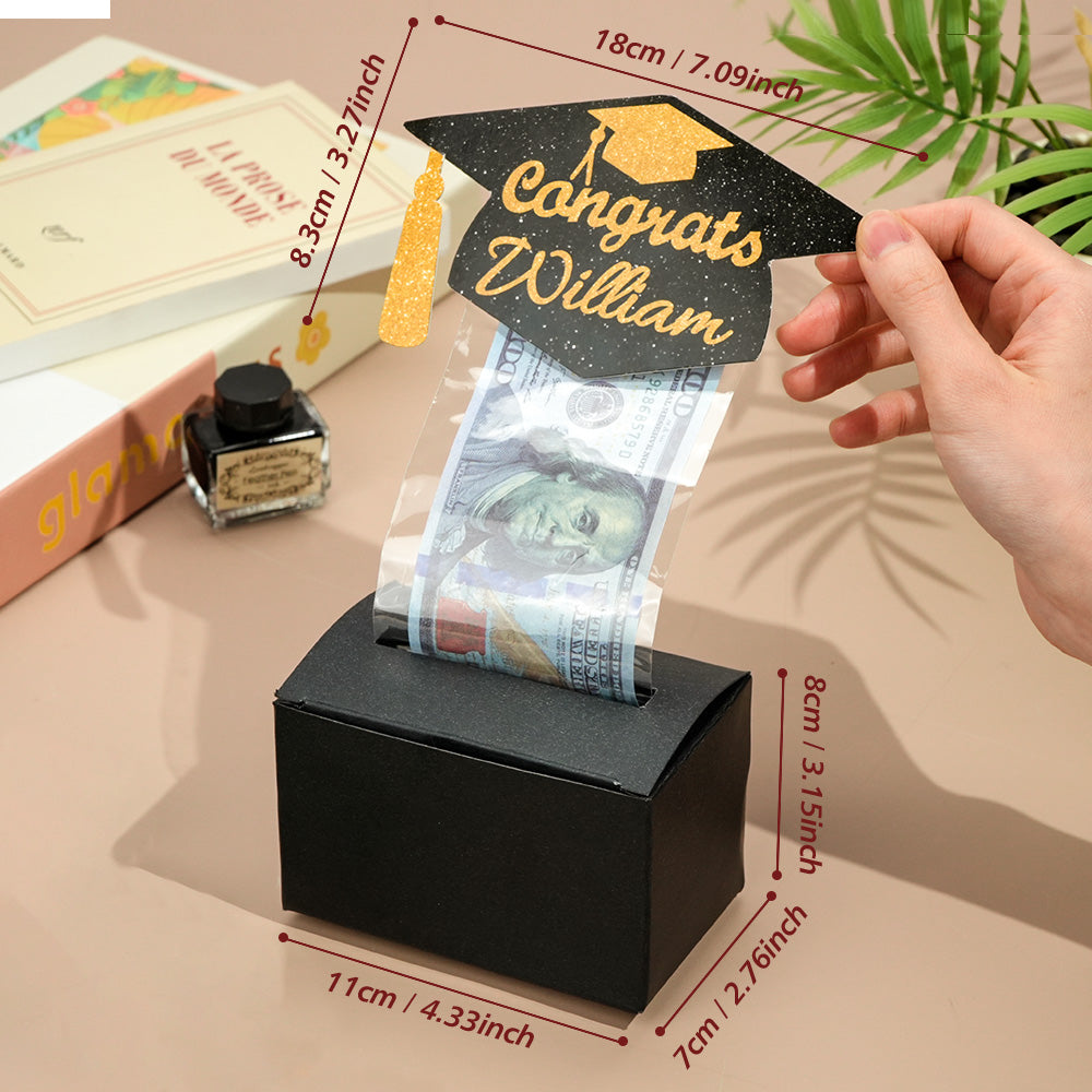 Close-up of a transparent OPP pocket (8×19cm) in a personalised graduation cash gift box holding a gift card
