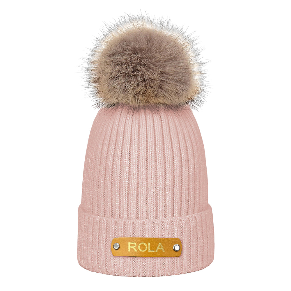 Toddler wearing personalised name beanie outdoors — stretchy acrylic kids winter hat for everyday wear and play