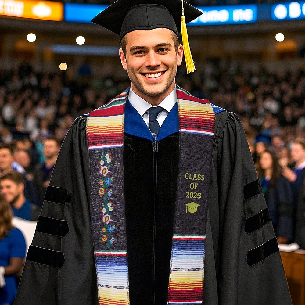 Full-length personalised Mexican-style graduation stole, 200 cm × 13 cm, colourful stripe design — ideal Class of 2025 graduation gift
