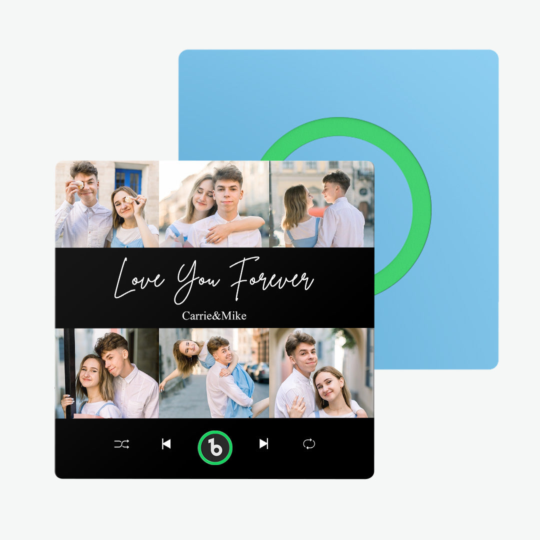 Hand tapping the personalised fridge magnet to play a stored song on demand — custom music fridge magnet, singing fridge magnet