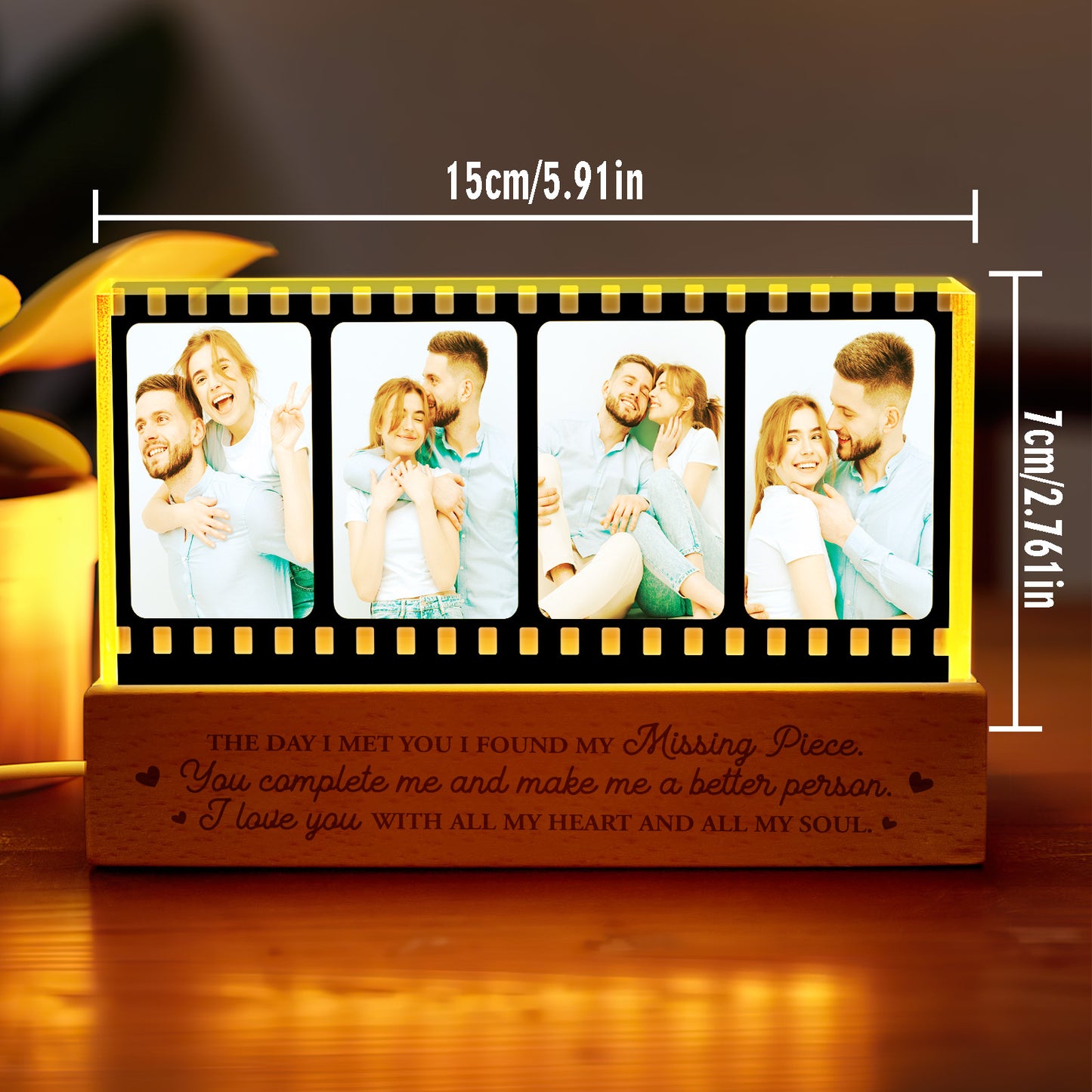 Alternate angle of the personalised photo night light, highlighting the slim 15cm x 7cm acrylic panel.