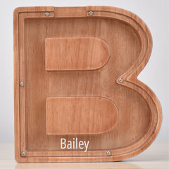 Personalised Oak Wooden Letter Money Box with Engraved Name | Handcrafted Piggy Bank