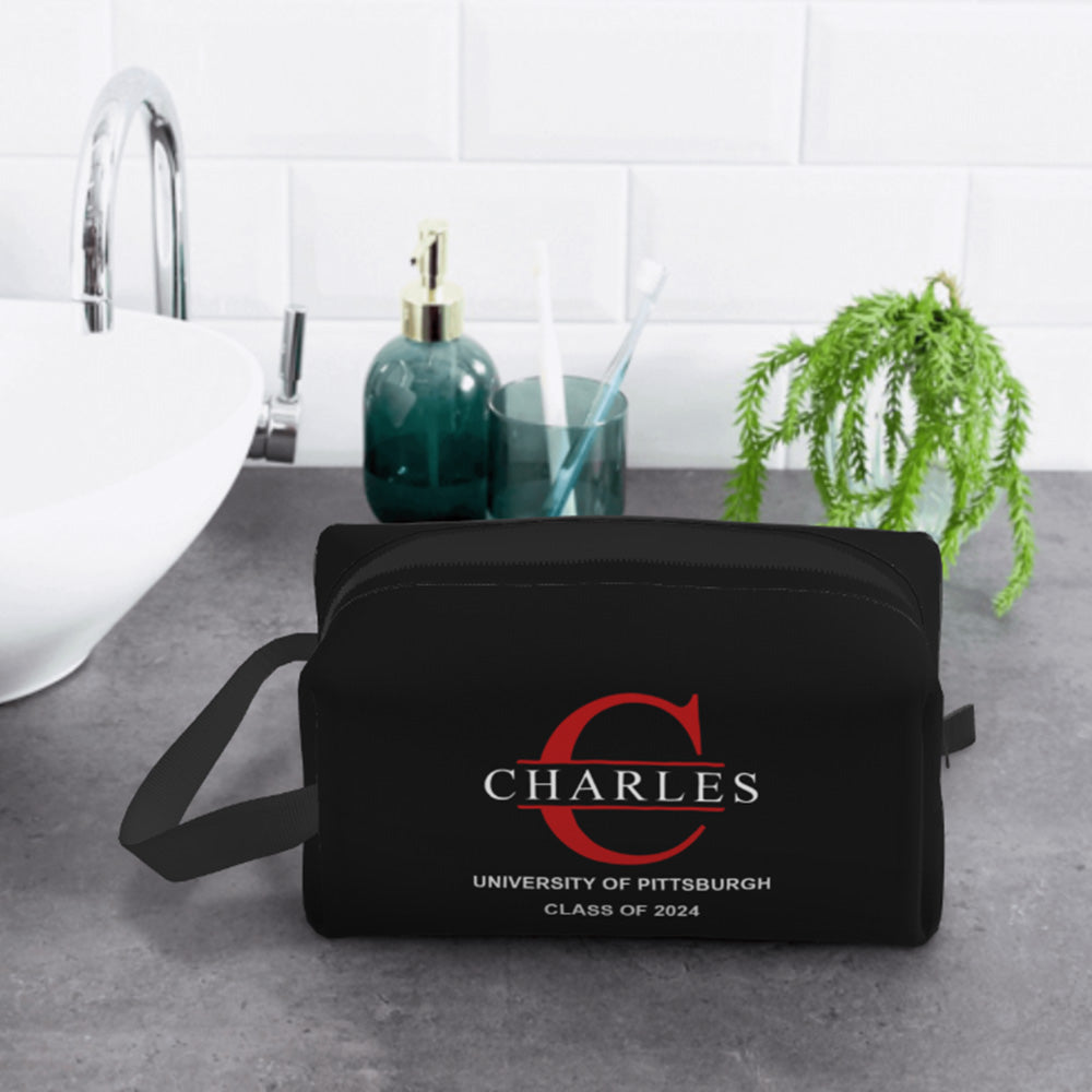 Side view showing compact dimensions W25.5×H16×T12.5cm of a personalised wash bag — handy student organiser