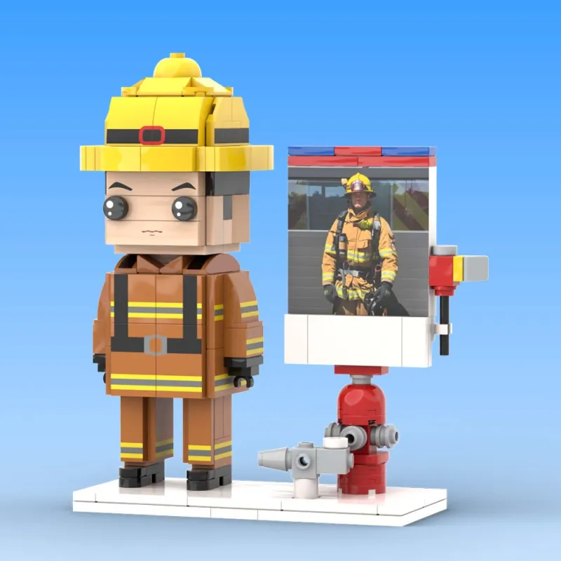 Close‑up detail of personalised firefighter figure torso and helmet printing, showcasing custom clothing recreation — custom brick figure personalised from a photo