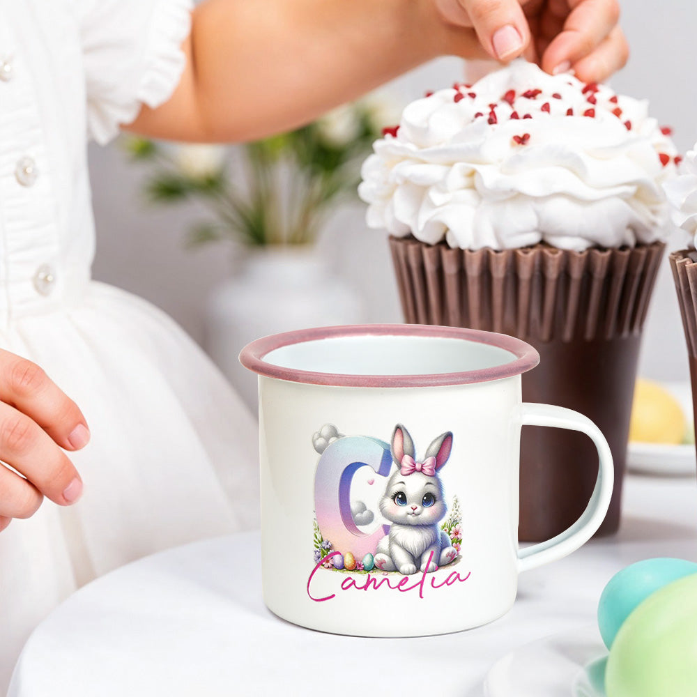 Top view showing stainless steel interior of personalised bunny enamel mug — 12oz (355ml), safe for hot drinks, handwash recommended