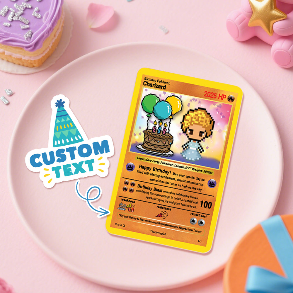 Personalised Birthday Poke Card featuring a custom cartoon character, uploaded photo and personalised text — stainless steel, vibrant birthday graphics