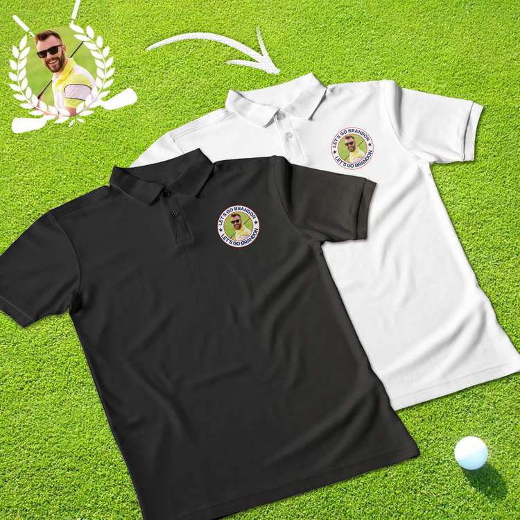 Front view of personalised men's polo T‑shirt in black with lapel collar and custom logo, breathable 100% polyester for work, sport and casual wear