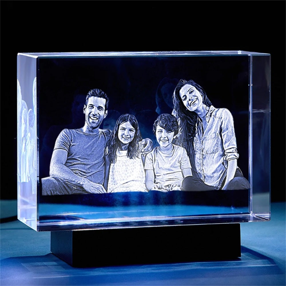 Personalised Laser Engraved Crystal Photo Cube with LED Base | Custom 2D/3D Gift