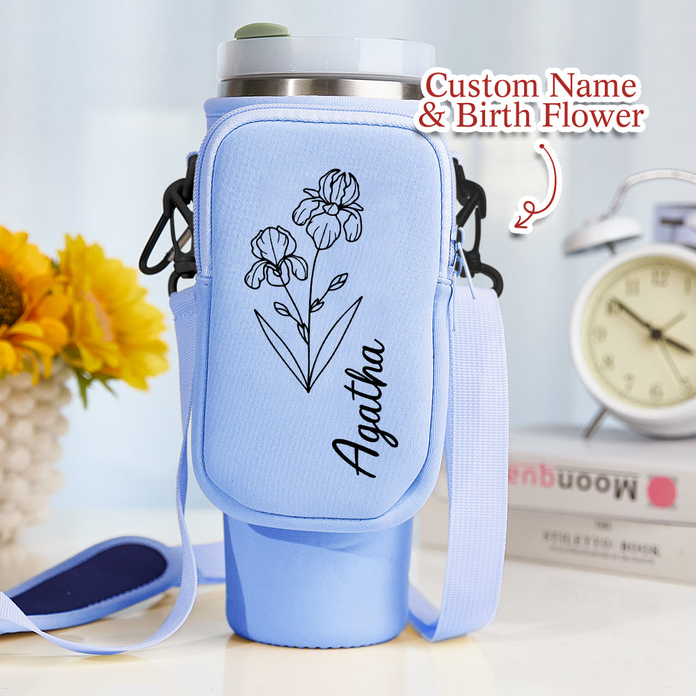 Removable pouch open showing keys and cards inside personalised neoprene bottle carrier for 40oz Stanley tumbler – practical gift for mum