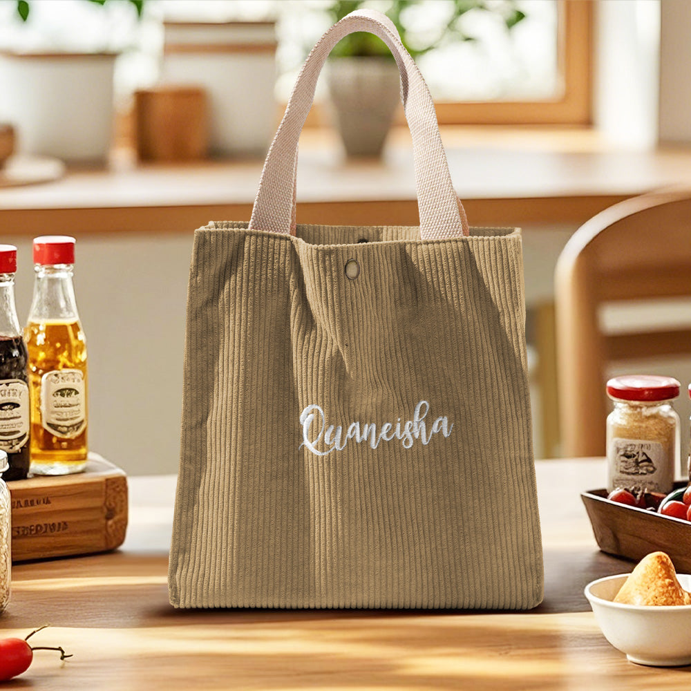 Side view of personalised mini tote showing sturdy handle and compact design – ideal lunch bag for children