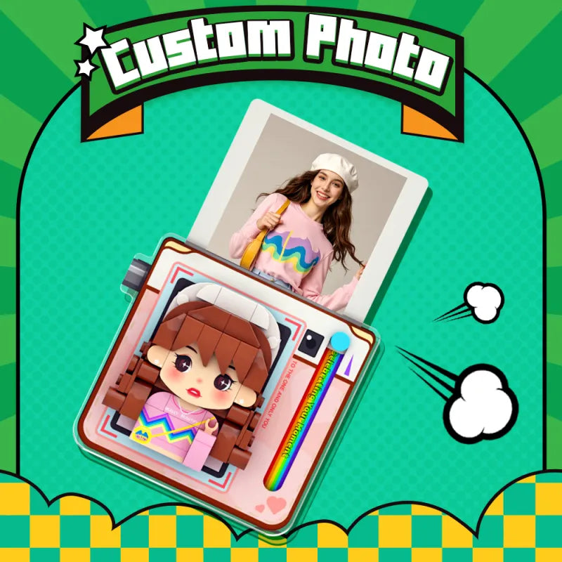 Pink-base personalised brick figure magnet in Polaroid style — bespoke custom photo sticker gift for her or him