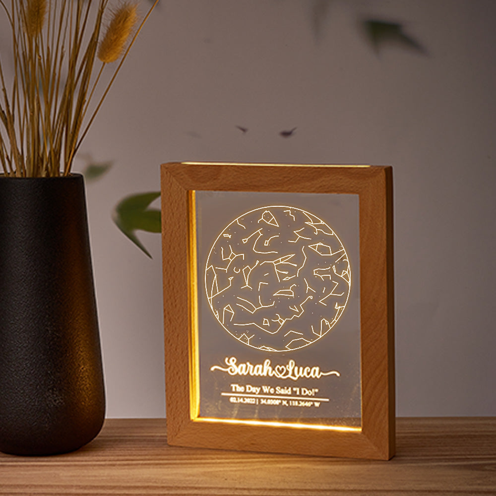 Personalised constellation night light showing a custom photo and engraved message — ideal wedding, anniversary or Mother's Day gift with warm LED glow