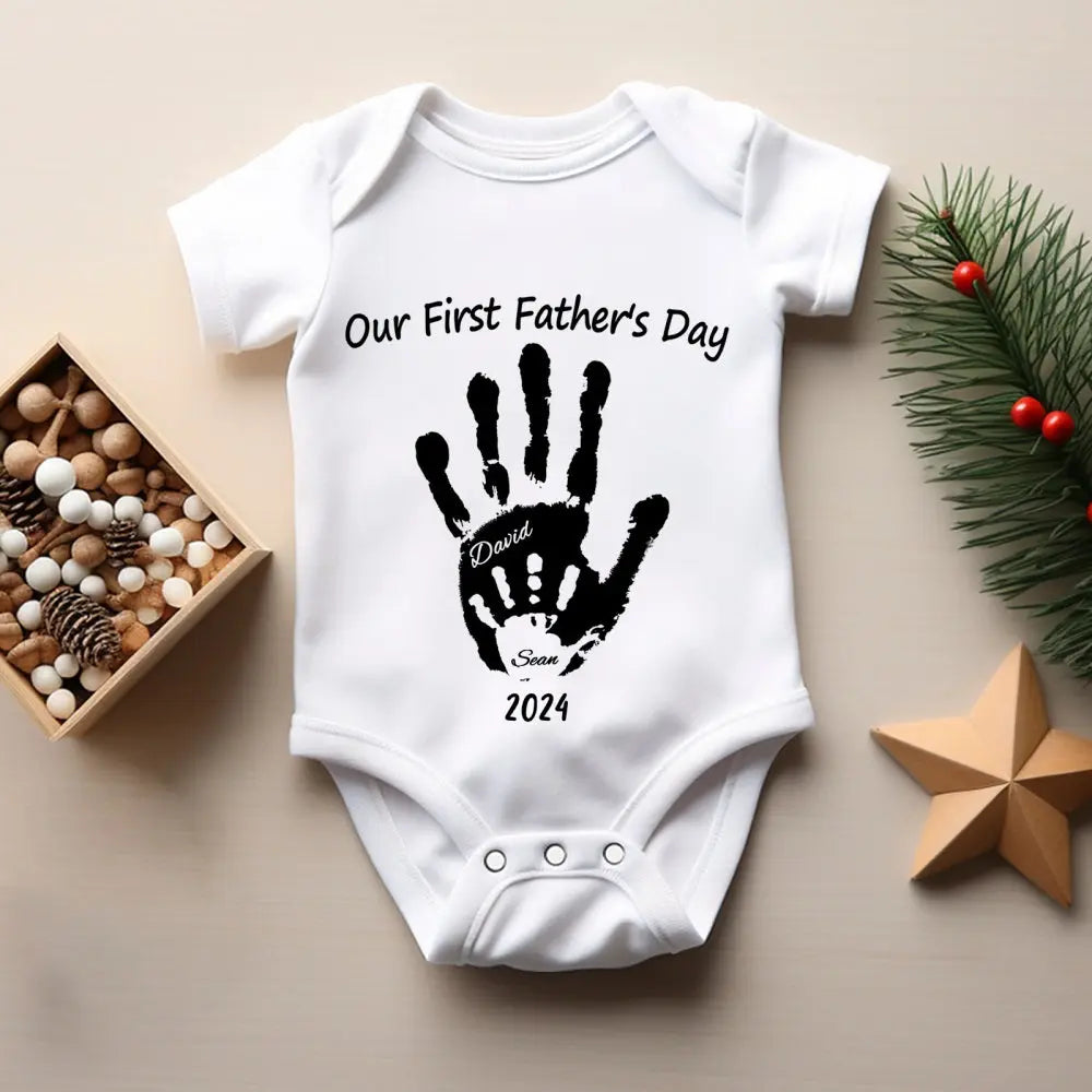 Personalised handprint baby t-shirt in soft 100% cotton with custom printed handprint and name — perfect first Father's Day gift keepsake