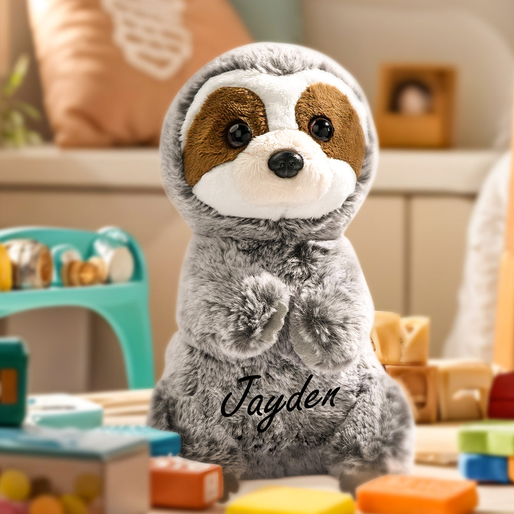 Personalised sloth plush with custom text on belly 14×25 cm soft plush baby shower gift