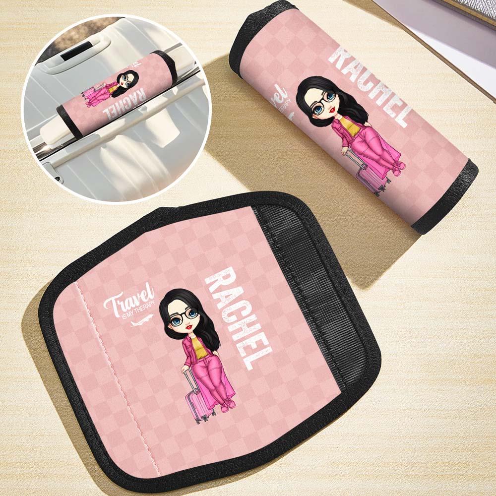 Neoprene luggage handle wrap attached to suitcase handle — personalised cartoon travel ID for quick baggage carousel recognition