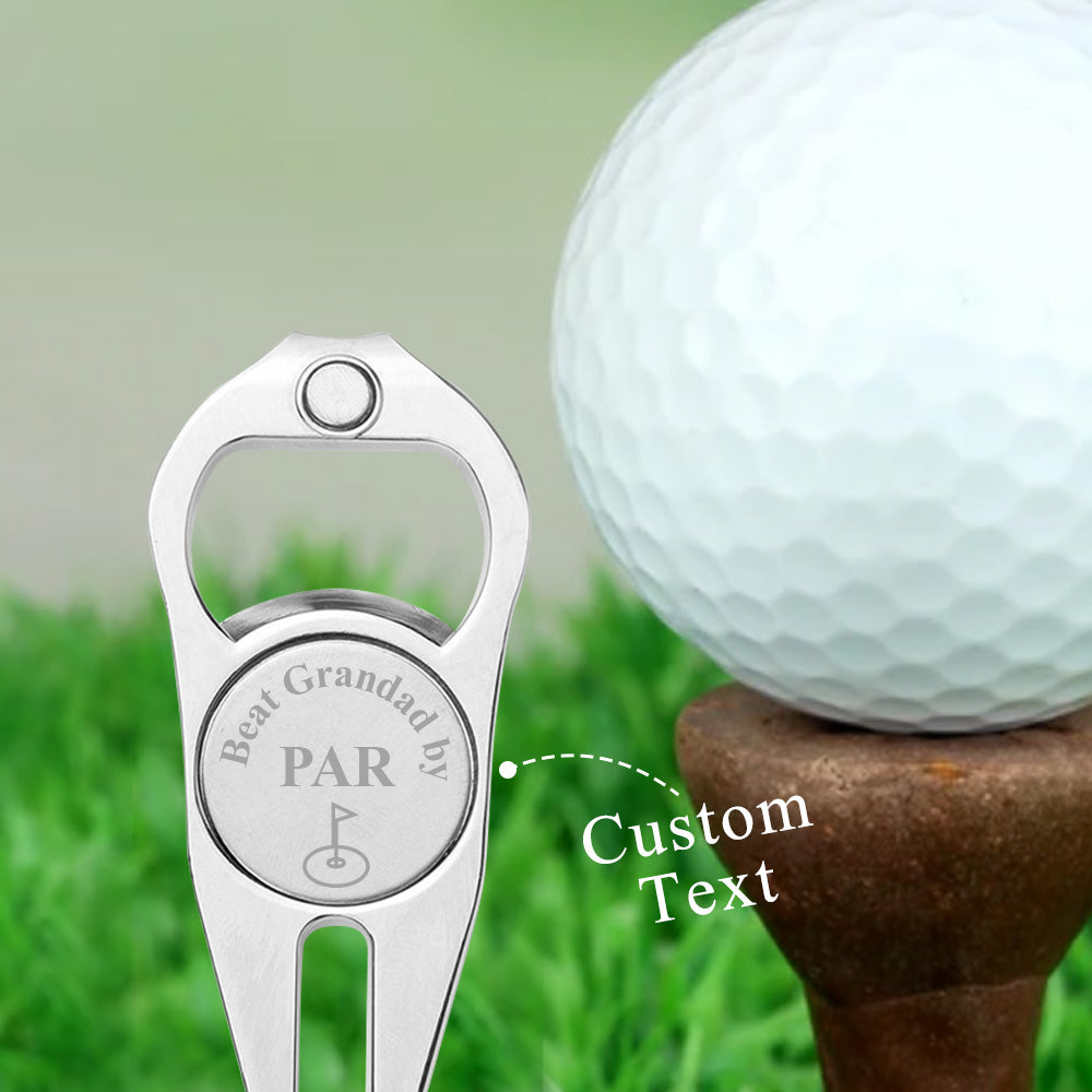 Custom golf ball marker magnetically attached to a cap to demonstrate compact personalised golf accessory and clubhouse bottle opener function
