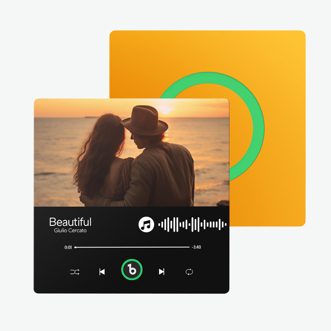 FridgeBeats personalised music magnet attached to kitchen fridge playing a custom song — perfect Valentine's or wedding memento