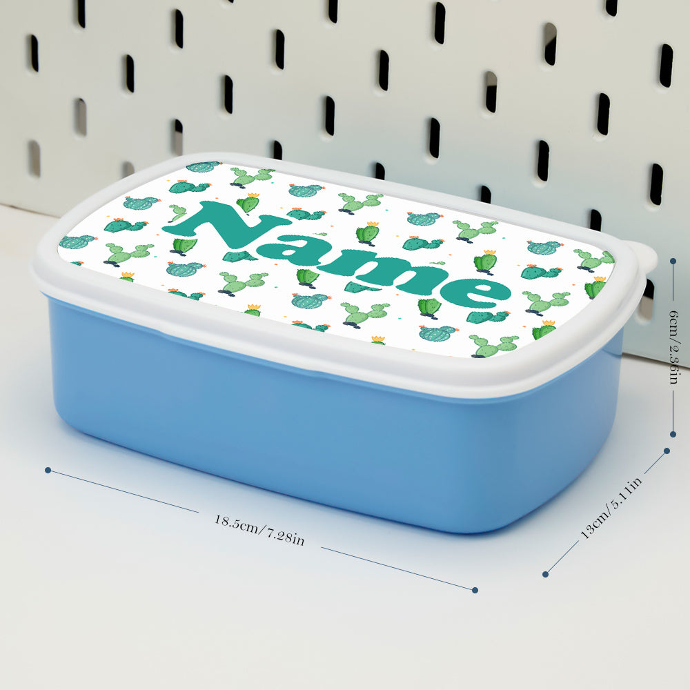 Detail of cute cactus pattern and smooth wipe-clean surface on Personalised Name Lunch Box — durable, lightweight plastic
