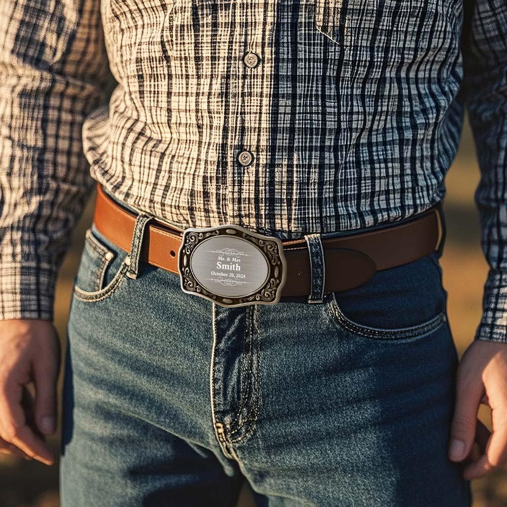Gift presentation of personalised Western name belt buckle in a box — perfect groom wedding gift or keepsake for groomsmen