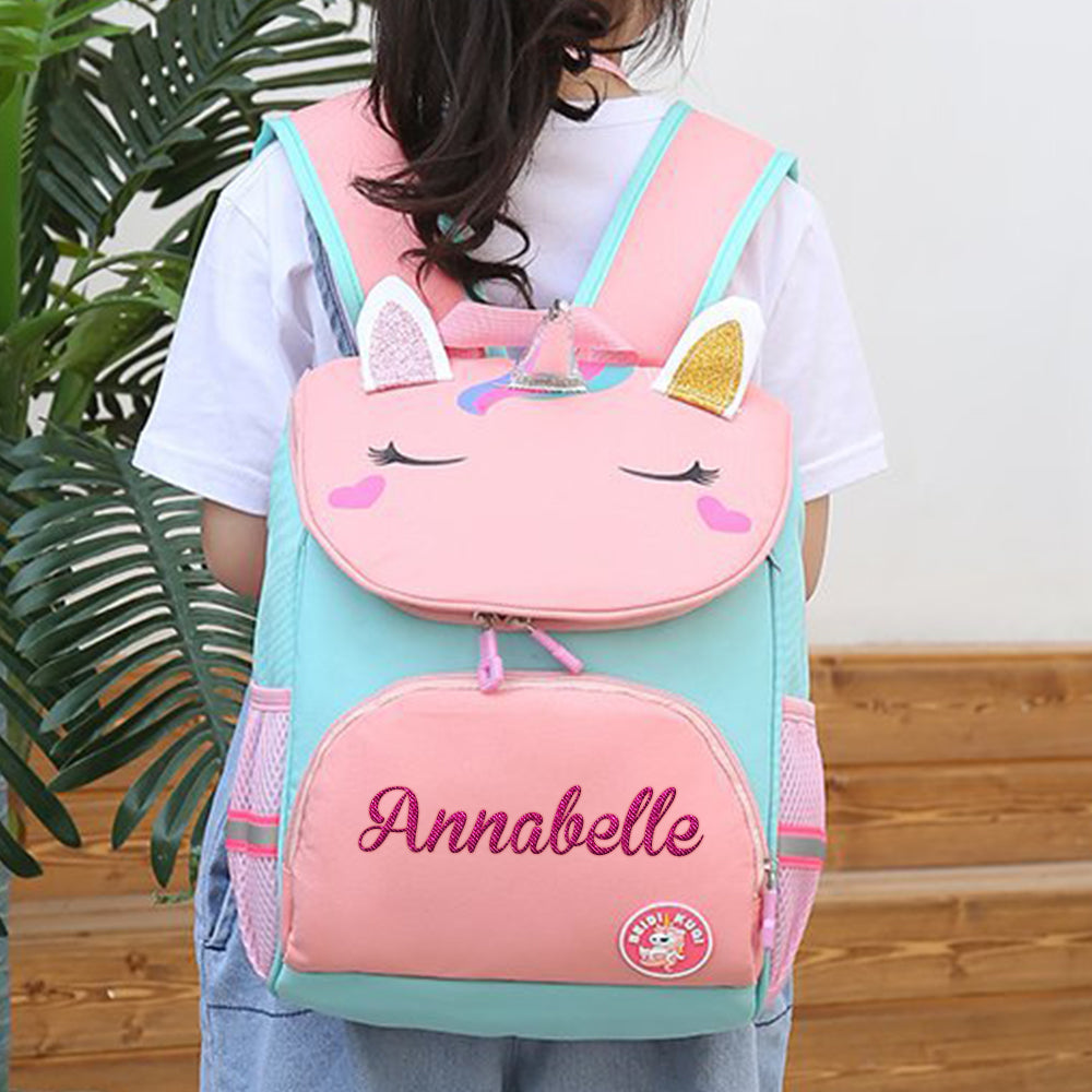 Full front view of personalised name embroidery unicorn backpack – compact custom school bag for girls and boys