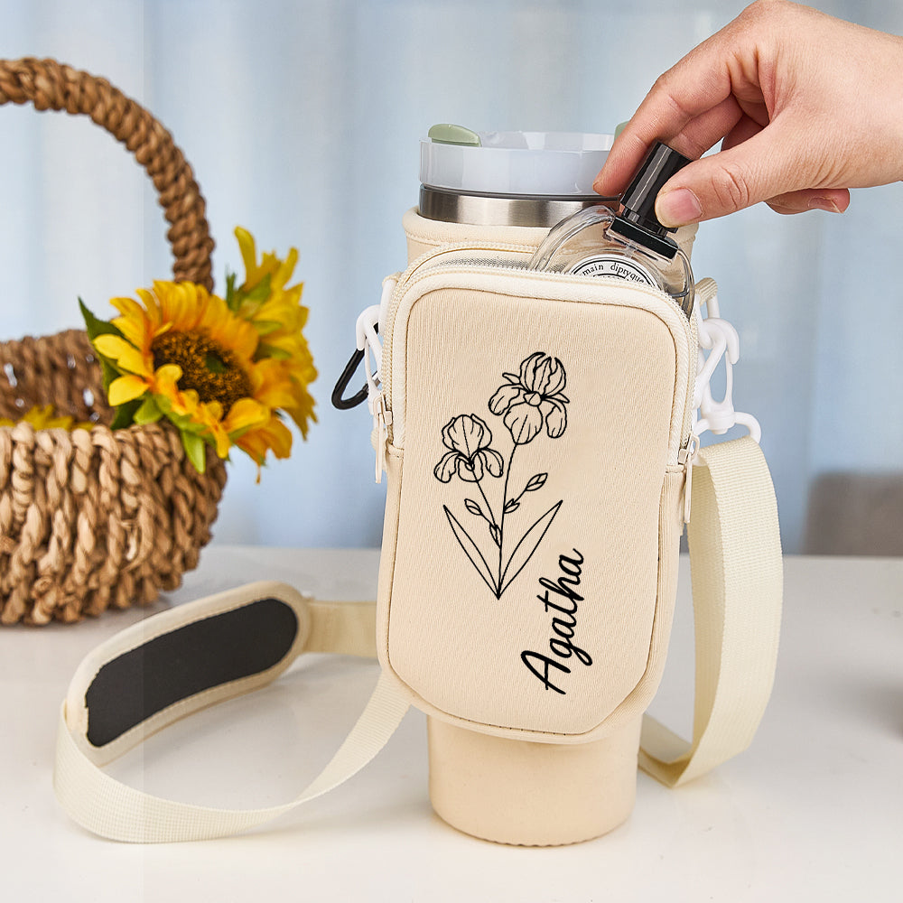 Front view of personalised birth flower waterproof neoprene bottle carrier for 40oz Stanley tumbler, custom floral name design – gift for her
