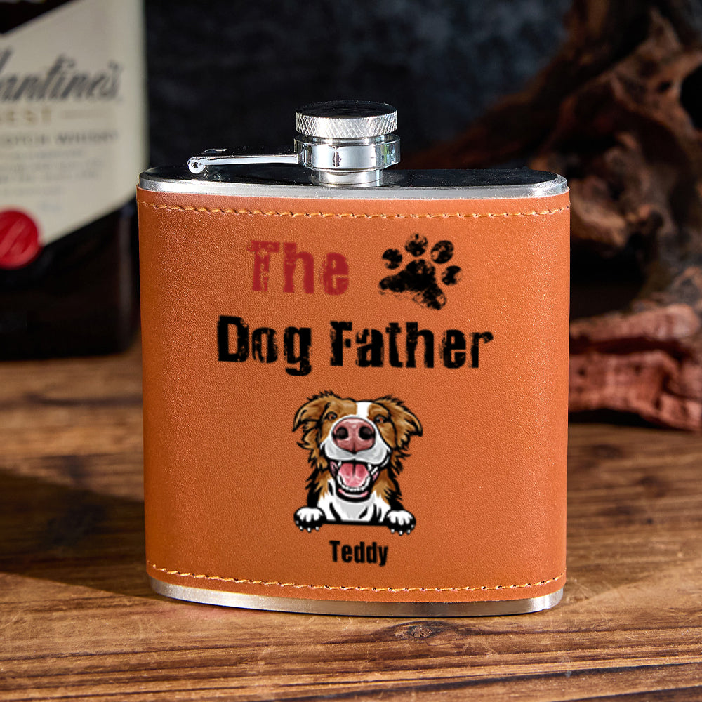 Close-up of personalised 6oz leather whisky flask showing precise laser engraving and leak‑proof screw top on stainless steel