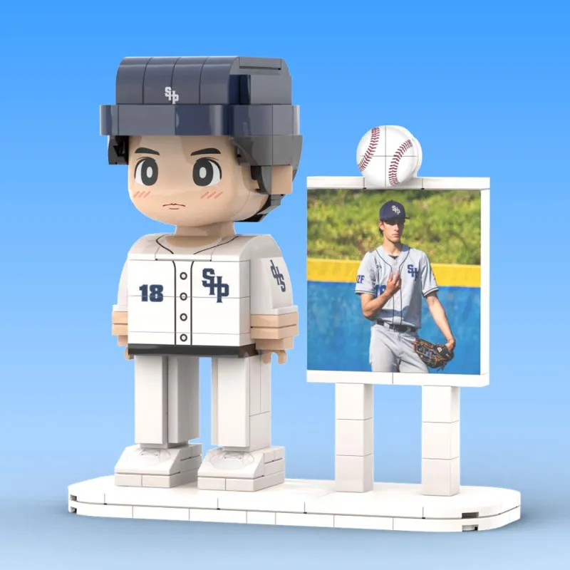Styled product shot of one-person personalised brick figure in baseball clothing with gift-ready packaging — a thoughtful personalised photo gift