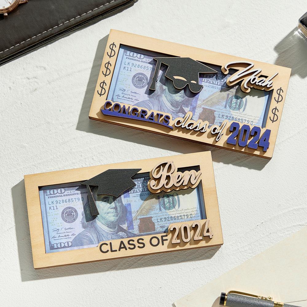 Lifestyle shot of personalised engraved wooden money box on a bedside table — practical savings box and meaningful graduation keepsake for him or her