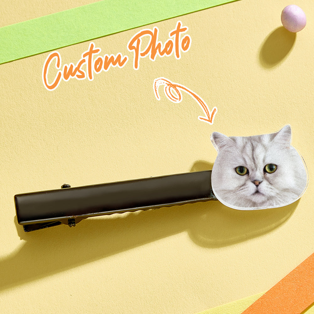 Close-up of metal clip mechanism and durable acrylic personalised pet portrait — quality custom pet hair accessory